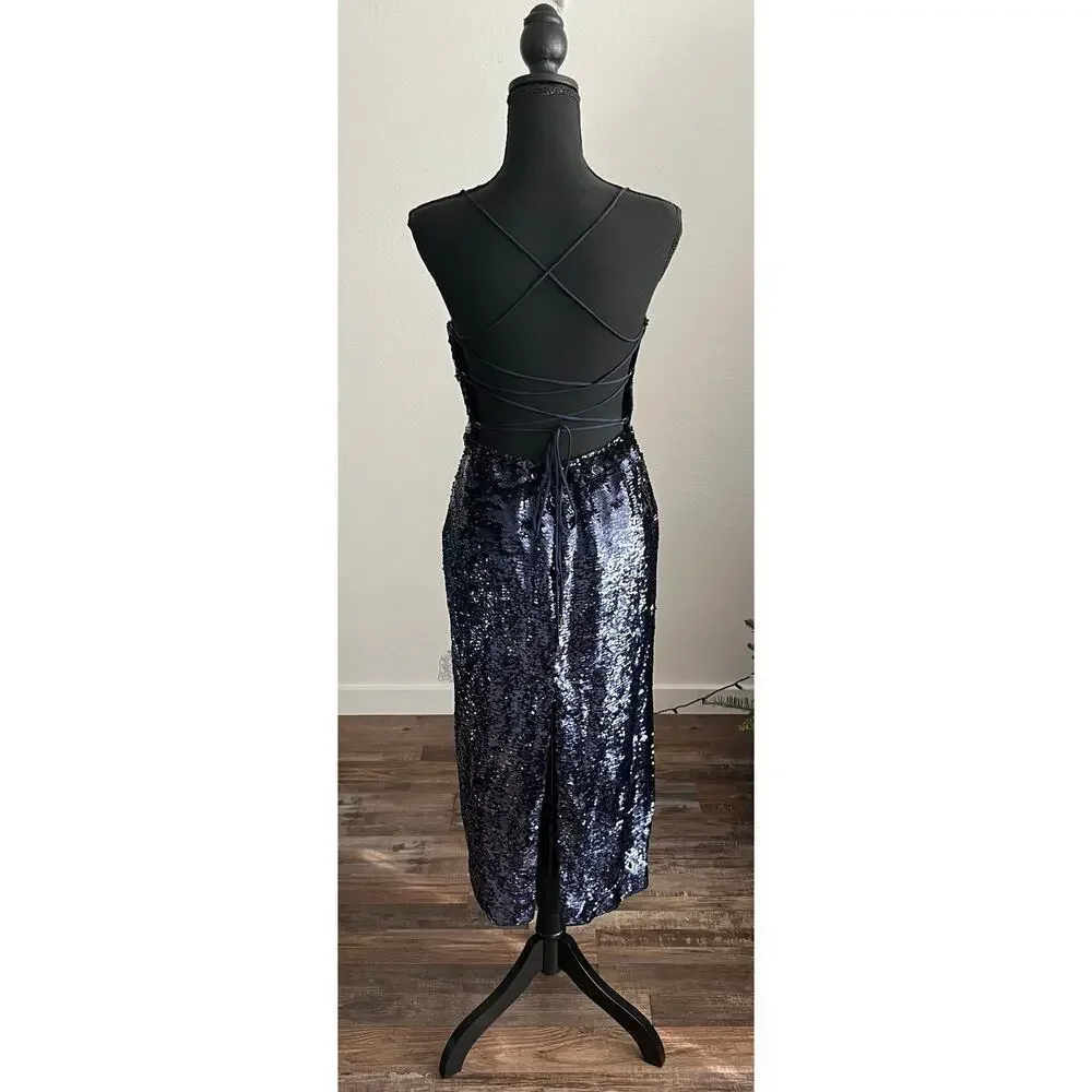 Sabina Musayev Navy Sapphire Open Lace Up Back Midi Lera Sequin Dress